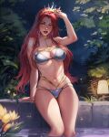  1girl bikini breasts commission earrings eva_solo highres jewelry large_breasts lips long_hair looking_at_viewer navel night original outdoors parted_lips red_hair solo swimsuit tiara white_bikini yellow_eyes 