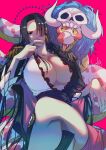  1girl aktrks01 artist_name bare_legs black_hair blue_eyes boa_hancock breasts cleavage covering_mouth crossed_legs earrings epaulettes fangs jewelry large_breasts long_hair mask one_piece pink_background salome_(one_piece) sash sitting skull skull_mask snake thighs two-tone_dress 