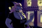  2023 anthro big_breasts blonde_hair breasts bulging_breasts cleavage clothed clothing collar detailed_background digital_drawing_(artwork) digital_media_(artwork) dinosaur eyelashes female fingers hadrosaurid hair hi_res i_wani_hug_that_gator long_hair long_tail mia_(iwhtg) night no2r0066 ornithischian outside parasaurolophus reptile scalie solo spikes spikes_(anatomy) tail 