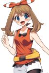 1girl :d bare_arms bike_shorts bike_shorts_under_shorts blue_eyes blush bow_hairband brown_hair collarbone commentary_request eyelashes fanny_pack hairband hand_up highres may_(pokemon) open_mouth orange_shirt pokemon pokemon_(game) pokemon_oras shirt short_shorts shorts simple_background sleeveless sleeveless_shirt smile solo tongue white_background white_shorts yellow_bag yuihico 
