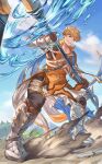  1boy absurdres armor blonde_hair blue_sky boots brown_gloves day fighting_stance full_body gauntlets gloves granblue_fantasy grin highres holding holding_polearm holding_weapon male_focus nyapanu orange_tunic outdoors polearm short_hair sky smile solo standing vane_(granblue_fantasy) water weapon 