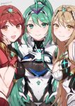  3girls bare_shoulders blonde_hair blush breasts chest_jewel cleavage commentary_request covered_navel earrings green_eyes green_hair headpiece highres jewelry large_breasts long_hair looking_at_viewer multiple_girls mythra_(xenoblade) partial_commentary peach11_01 pneuma_(xenoblade) ponytail pyra_(xenoblade) red_hair short_hair smile swept_bangs tiara very_long_hair xenoblade_chronicles_(series) xenoblade_chronicles_2 yellow_eyes 