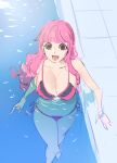  1girl blunt_bangs breasts eyelashes full_body long_hair looking_at_viewer lower_teeth_only one_piece open_mouth perona pink_hair pool raine_(acke2445) smile solo swimsuit teeth 