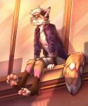  4_toes anthro barefoot blue_eyes canid canine clothing eyewear feet fox glasses hi_res male mammal pawpads paws signature sitting smile soles solo tatujapa toes 
