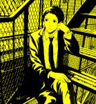  1boy adachi_tooru black_eyes black_hair black_necktie black_suit closed_mouth collared_shirt crossed_legs feet_out_of_frame formal hand_on_own_knee head_rest looking_away necktie persona persona_4 resekai12 shirt short_hair signature sitting sitting_on_stairs stairs suit watch white_shirt wristwatch yellow_theme 