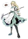  1girl alternate_costume apron aqua_skirt black_footwear blonde_hair broom commentary_request enmaided fire_emblem fire_emblem:_three_houses highres holding holding_broom ingrid_brandl_galatea juliet_sleeves long_hair long_sleeves maid puffy_sleeves shirt shoes simple_background skirt solo thought_bubble umi_(_oneinchswing) very_long_hair white_background white_shirt 