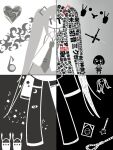  2girls 39 arms_at_sides boots chibi chibi_inset collared_shirt contrapposto copyright_request creature crescent detached_sleeves double_v english_text ghost greyscale hair_ornament hatsune_miku heart inverted_colors jisatsu-bushi_(vocaloid) jitome kanji loose_necktie miku_day monochrome multiple_girls multiple_others multiple_views musical_note necktie no_mouth no_nose noose photo_(object) qiu_ye_yuan red_armband rolling_girl_(vocaloid) shirt skirt sleeveless sleeveless_shirt sleeves_past_fingers sleeves_past_wrists spot_color syringe teardrop thigh_boots twintails unknown_mother_goose_(vocaloid) v vocaloid |_| 