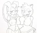  &lt;3 anthro big_breasts big_ears blush breast_squish breasts clothed clothing cyrockstar dress duo eyelashes female floppy_ears hands_behind_back head_tuft hi_res huge_breasts lop_ears nipple_outline open_mouth simple_background smile squish traditional_media_(artwork) tuft white_background wide_hips 