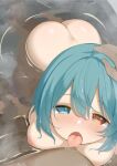  1boy 1girl ass blue_eyes blue_hair breasts commentary_request dark-skinned_male dark_skin hand_on_another&#039;s_head heterochromia large_breasts looking_at_viewer nipple_tweak nipples nude piyodesu pov red_eyes short_hair solo_focus tatara_kogasa tongue tongue_out touhou water 