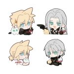 2boys aged_down animal armor bird black_coat black_gloves black_turtleneck blonde_hair blue_eyes cat chibi chick closed_eyes cloud_strife coat dapanggezilan expressionless feathered_wing final_fantasy final_fantasy_vii gloves green_eyes grey_hair hair_ornament hairclip hand_on_own_cheek hand_on_own_face head_on_hand highres holding holding_animal holding_bird holding_cat implied_yaoi light_smile long_hair long_sleeves low_ponytail male_focus multiple_boys open_clothes open_coat open_mouth pauldrons petting ponytail sephiroth short_hair short_ponytail shoulder_armor simple_background single_pauldron single_wing sleeveless sleeveless_turtleneck slit_pupils smile turtleneck white_background white_fur wings yaoi 