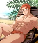  1boy abs bara beach blush bulge fafnir_(f-kare) feet_out_of_frame forked_eyebrows jewelry large_pectorals looking_at_viewer male_focus male_swimwear mature_male muscular muscular_male navel necklace nipples o-ring o-ring_swimsuit orange_hair pectorals red_male_swimwear short_hair shoukan_yuusha_to_f-kei_kareshi sideburns smile solo stomach sunfight0201 sunlight swim_briefs swimsuit thick_eyebrows thick_thighs thighs topless_male 