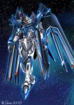  blue_eyes full_body gundam gundam_seed gundam_seed_freedom highres light_particles looking_at_viewer mecha mobile_suit no_humans rising_freedom_gundam robot science_fiction shimashun twitter_username v-fin 