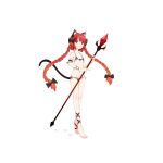 1girl :t absurdres animal_ear_fluff animal_ears ankle_ribbon arm_ribbon armband barefoot bikini black_bikini black_bow blunt_bangs bow cat_ears cat_tail extra_ears flat_chest full_body gradient_hair hair_bow hair_ribbon highres holding holding_polearm holding_weapon kaenbyou_lin kaenbyou_rin leg_ribbon long_hair looking_at_viewer multicolored_hair orange_hair paw_print petite polearm pout red_eyes red_hair ribbon simple_background solo spear standing swimsuit tail toenails toes touhou tress_ribbon v-shaped_eyebrows very_long_hair weapon white_background 