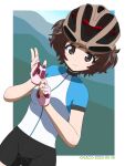  1girl adjusting_clothes adjusting_gloves akiyama_yukari alternate_costume artist_name bicycle_helmet bike_jersey bike_shorts black_shorts blue_shirt brown_eyes brown_hair brown_headwear closed_mouth commentary cowboy_shot dated day dutch_angle girls_und_panzer gloves helmet highres looking_at_viewer messy_hair mountainous_horizon naotosi outdoors outside_border pink_gloves shirt short_hair short_shorts shorts smile solo standing 