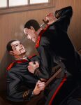  2boys absurdres against_wall black_eyes black_hair blood blood_on_face bruise buzz_cut clenched_hand eye_contact facial_hair golden_kamuy grin gun highres holding holding_sword holding_weapon indoors injury long_sleeves looking_at_another male_focus military military_uniform multiple_boys ogata_hyakunosuke online_otto short_hair smile standing stubble sword uniform usami_tokishige very_short_hair weapon 