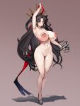  1girl 9is absurdres arm_up black_hair blush breasts cleft_of_venus closed_mouth commentary completely_nude earrings fate_(series) full_body highres hoop_earrings inverted_nipples ishtar_(fate) jewelry large_breasts long_hair looking_at_viewer navel nipples nude red_eyes solo standing very_long_hair 