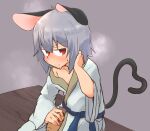  1girl alternate_costume animal_ears belt blue_belt blush bottle closed_mouth commentary_request cowboy_shot expressionless flat_chest greenpiecerice grey_background grey_hair hair_between_eyes hand_on_own_neck highres holding holding_bottle japanese_clothes kimono long_bangs looking_at_viewer mouse_ears mouse_girl mouse_tail nazrin off_shoulder red_eyes short_hair solo sweat tail tokkuri touhou v-shaped_eyebrows white_kimono wooden_floor 