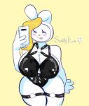  adventure_time anthro blonde_hair cartoon_network eyes_closed female fionna_and_cake fionna_the_human fur hair hi_res humanoid lagomorph latex leporid mammal phone rabbit solo sweatybeanss white_body white_fur 