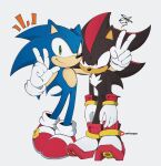  2boys awhxque full_body gloves green_eyes hedgehog highres looking_at_viewer male_focus multiple_boys quill red_eyes shadow_the_hedgehog simple_background smile sonic_(series) sonic_the_hedgehog tail v white_gloves 