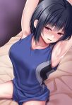  1girl armpits arms_up basketball_uniform black_hair blue_shorts blue_tank_top blush breasts collarbone commentary_request huyumitsu indoors large_breasts on_bed open_mouth original perspective shorts sitting solo sportswear tank_top 