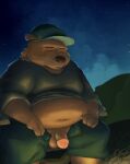  0ottotto0 2023 absurd_res anthro bear belly big_belly bottomwear brown_body clothing flaccid genitals hat headgear headwear hi_res humanoid_genitalia humanoid_hands humanoid_penis kemono male mammal navel night outside overweight overweight_male pants penis shirt sitting solo star tent topwear 