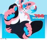  big_bulge bodily_fluids bulge claws detailed_bulge eeveelution generation_6_pokemon genital_outline hair hi_res jay_(jayjaycholo) jayjaycholo male nintendo paws penis_outline pink_body pink_hair pokemon pokemon_(species) solo sweat sylveon thick_thighs white_body 