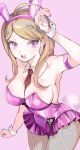  1girl :o absurdres akamatsu_kaede arm_up bare_shoulders blonde_hair breasts danganronpa_(series) danganronpa_v3:_killing_harmony detached_collar fishnet_pantyhose fishnets highres large_breasts leotard long_hair nakiyande necktie pantyhose pink_eyes pink_leotard playboy_bunny short_necktie solo teeth upper_teeth_only 