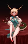  1girl absurdres bare_shoulders blonde_hair blue_dress china_dress chinese_clothes cigarette cigarette_holder dragon_horns dragon_tail dress highres horns kicchou_yachie leo23 looking_at_viewer print_dress red_eyes red_footwear short_hair smoking tail touhou 