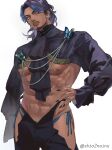 1boy abs ascot bara blue_butterfly blue_hair blue_panties bug butterfly butterfly_brooch check_copyright copyright_request crossdressing dark-skinned_male dark_blue_hair dark_skin fabulous facial_hair feet_out_of_frame fingernails fujishiraji_(shio2noinu) goatee gradient_hair head_tilt highres large_pectorals looking_at_viewer male_focus mature_male multicolored_hair muscular muscular_male mustache navel nipples original panties pectorals purple_hair sharp_fingernails short_hair shrug_(clothing) sideburns solo stomach thick_eyebrows thick_thighs thighs underpec underwear yellow_eyes 