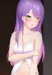  1girl blush breasts cleavage collarbone colored_inner_hair commentary_request highres holding_own_arm hololive long_hair looking_at_viewer multicolored_hair navel parted_lips pink_hair pointy_ears purple_hair shirayuiii sidelocks solo streaked_hair tokoyami_towa virtual_youtuber 