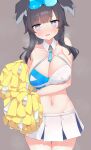  1girl animal_ears bare_shoulders black_hair blue_archive blue_eyes blush breast_lift breasts breath cheerleader cowboy_shot crop_top dog_ears dog_girl eyewear_on_head facial_mark goggles goggles_on_head halterneck hibiki_(blue_archive) hibiki_(cheer_squad)_(blue_archive) highres holding holding_pom_poms kuro_kokujyou large_breasts long_hair looking_at_viewer millennium_cheerleader_outfit_(blue_archive) navel nose_blush official_alternate_costume open_mouth pom_pom_(cheerleading) skirt star_(symbol) star_facial_mark sticker_on_face stomach white_skirt 