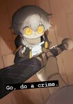  1boy 1girl absurdres artist_name black_coat black_gloves caelus_(honkai:_star_rail) character_request chibi coat collarbone english_text fingerless_gloves floor full_body gloves go_do_a_crime_(meme) grey_hair hair_between_eyes hand_up hands_up herta_(honkai:_star_rail) highres holding holding_weapon honkai:_star_rail honkai_(series) hood hooded_coat kohianji long_sleeves looking_to_the_side meme no_mouth open_clothes open_coat shadow shirt short_hair solo_focus standing t-shirt trailblazer_(honkai:_star_rail) two-sided_coat weapon white_shirt yellow_coat yellow_eyes 