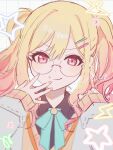  1girl blonde_hair blue_bow blue_bowtie bow bowtie commentary furueru get_over_it._(project_sekai) glasses gradient_hair hair_ornament hairclip highres long_hair long_sleeves multicolored_hair pink_eyes pink_hair project_sekai round_eyewear smile solo swept_bangs tenma_saki twintails 