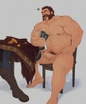  2boys abs absurdres bara beard brown_hair card chair cum ejaculation erection facial_hair glensaru graves_(league_of_legends) grey_background highres holding holding_card large_pectorals league_of_legends male_focus multiple_boys muscular muscular_male navel nipples pectorals penis short_hair simple_background sitting solo_focus thick_thighs thighs yaoi 