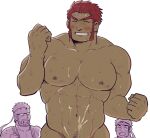  3boys :d after_sex bara blush clenched_hands colored_skin completely_nude crossover cum cum_on_body cum_on_boy cum_on_pectorals ganondorf green_skin hand_up happy hoshieda_(hoshinoedao) implied_yaoi large_pectorals long_sideburns male_focus mature_male metal_gear_(series) metal_gear_solid multiple_boys multiple_crossover muscular muscular_male navel_hair nude out-of-frame_censoring pectorals ryu_(street_fighter) sideburns smile solid_snake street_fighter sweat the_legend_of_zelda 