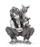  2boys animal_ear_fluff animal_ears bow_choker braid cat character_request check_character commentary denim green_eyes greyscale grim_(twisted_wonderland) highres jeans leona_kingscholar lion_ears long_hair monochrome multiple_boys muscular pants ranko_no_ane sandals shadow sketch squatting twisted_wonderland vest 