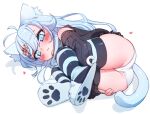  1girl animal_ears antenna_hair ass blue_eyes blue_hair blue_nails blush_stickers bright_pupils cat_ears cat_girl cat_tail closed_mouth detached_sleeves full_body hair_ornament heart itsukarine long_hair long_sleeves lying on_side original panties simple_background slippers solo striped striped_thighhighs tail thighhighs underwear white_background white_panties white_pupils 
