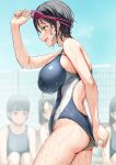 4girls :d asahina_hikage black_hair blue_one-piece_swimsuit blue_sky blunt_bangs blush breasts brown_eyes clothes_pull commentary_request competition_swimsuit day fence goggles goggles_on_head highleg highleg_swimsuit highres large_breasts long_hair multiple_girls one-piece_swimsuit one-piece_swimsuit_pull open_mouth original outdoors short_hair sideboob sitting skindentation sky smile solo solo_focus standing swimsuit wet 
