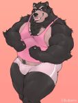  2021 anthro barazoku bear big_muscles black_bear black_body black_fur bottomwear bulge clothing countershading facial_piercing facial_scar fizzy flexing fur hi_res male mammal musclegut muscular muscular_anthro muscular_male nose_piercing nose_ring pecs piercing pink_background pink_bottomwear pink_clothing pink_shirt pink_shorts pink_tank_top pink_topwear pinup portrait pose raikarou ring_piercing scar shirt shorts simple_background slightly_chubby solo standing tank_top thick_thighs three-quarter_portrait tight_clothing topwear ursine 