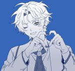  1boy 3cnfw ascot blue_nails blue_theme chesed_(project_moon) coat collared_shirt heart heart_hands highres lobotomy_corporation long_sleeves monochrome one_eye_closed open_mouth parted_bangs project_moon shirt smile solo spot_color sweat vest yellow_eyes 