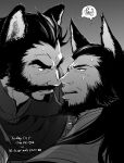  2boys animal_ears bara beard couple cowboy_hat eye_contact facial_hair fox_ears from_side graves_(league_of_legends) greyscale hair_slicked_back hat karipaku kemonomimi_mode league_of_legends long_hair looking_at_another male_focus mature_male monochrome multiple_boys mustache short_hair spoken_skull sweatdrop thick_eyebrows twisted_fate upper_body yaoi 