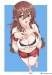  1girl barefoot bikini black_bikini blush braid breasts brown_hair chamumi_(mochiumee) collared_shirt green_eyes highres kantai_collection large_breasts long_hair midriff navel noshiro_(kancolle) one-hour_drawing_challenge open_collar scrunchie shirt swept_bangs swimsuit tied_shirt twin_braids twitter_username white_shirt 