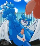  anus balls bandai_namco bodily_fluids digimon digimon_(species) exveemon foreskin genital_fluids genitals guilmon hi_res humanoid male pawpads paws pawzzhky penis precum presenting raised_paw solo 