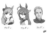  1boy 2girls absurdres ahoge alexander_albon animal_ears formula_one greyscale hairband highres horse_ears horse_girl horseshoe_ornament kaito_schumacher leotard mejiro_ardan_(umamusume) mihono_bourbon_(umamusume) monochrome multiple_girls umamusume 