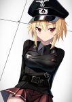  1girl belt breasts cross hat highres iron_cross jiseki_rena looking_at_viewer medium_breasts military_uniform nazi necktie original peaked_cap red_eyes reichsadler shirt short_hair skirt smile totenkopf tsurime uniform 