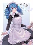  1girl :d alternate_costume apron black_dress black_ribbon blue_background blue_eyes blue_hair blush dress drill_hair enmaided frilled_dress frills grey_apron gwen_(league_of_legends) hair_ribbon heart highres holding kureko0w0 league_of_legends maid maid_apron maid_day maid_headdress open_mouth ribbon smile solo translation_request twin_drills twintails white_background 