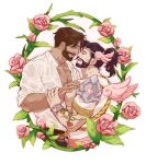  2boys bara bare_pectorals beard black_hair cassidy_(overwatch) chest_hair collared_shirt couple cropped_legs cupid cupid_hanzo dark-skinned_male dark_skin earrings eye_contact facial_hair floral_background flower_tattoo from_side greek_clothes hand_on_another&#039;s_chest heart heart_earrings high_ponytail interracial jewelry large_pectorals looking_at_another magical_boy male_focus mature_male minghii multiple_boys muscular muscular_male nipples official_alternate_costume overwatch overwatch_2 partially_unbuttoned pectoral_cleavage pectorals pink_wings puffy_nipples shirt short_hair smile tattoo textless_version tiara valentine wings yaoi 