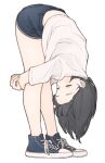  1girl 1ssakawaguchi bent_over black_hair blue_footwear converse denim denim_shorts eyes_closed flexible full_body highres ichika_(1ssakawaguchi) light_blush midriff_peek original pale_skin shirt short_hair short_shorts shorts solo stretching thighs white_background white_shirt 