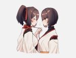  2girls animal_collar blush brown_eyes brown_hair closed_eyes closed_mouth collar hair_between_eyes hyuuga_(kancolle) ise_(kancolle) japanese_clothes kantai_collection kazeshio multiple_girls ponytail profile short_hair simple_background smile upper_body white_background 