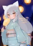  1girl alternate_costume animal_ears animal_print arctic_fox_(kemono_friends) blue_bow blue_kimono blush bow extra_ears fish_print fox_ears fox_girl fox_tail hair_between_eyes hair_bow hair_ornament hand_fan highres japanese_clothes kemono_friends kimono long_hair long_sleeves looking_at_viewer night night_sky noamem obi paper_fan print_kimono sash sidelocks sky smile snowflake_hair_ornament solo tail yellow_eyes 